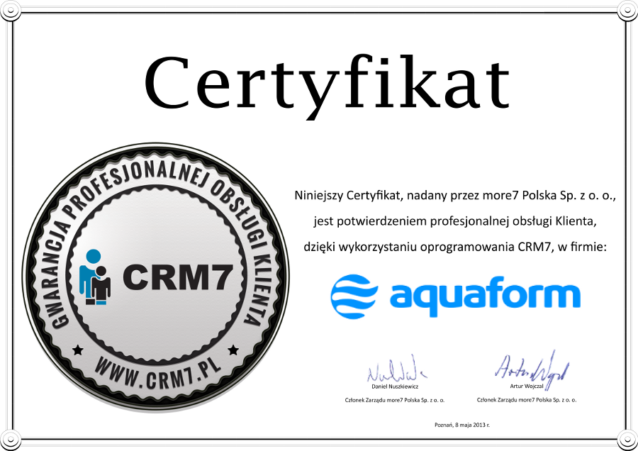 Certyfikat Aquaform