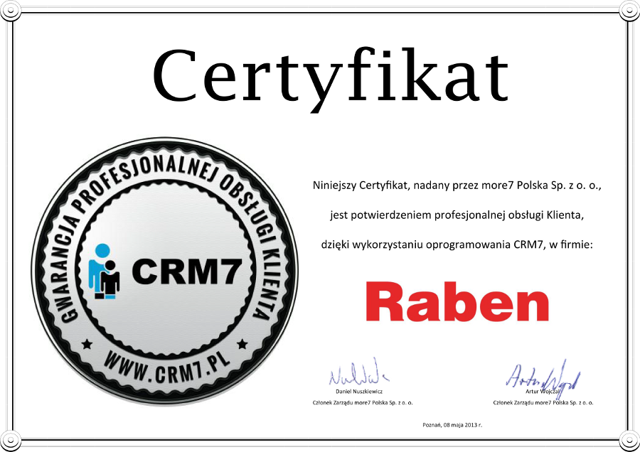 Certyfikat Raben