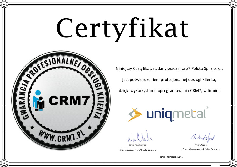 Certyfikat Uniqmetal