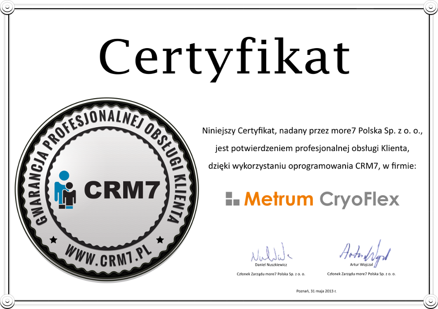 Certyfikat Metrum CryoFlex